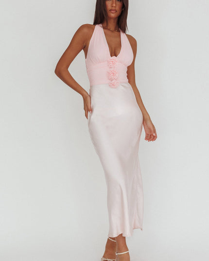 Pink Halterneck Rosette Bust Maxi Dress