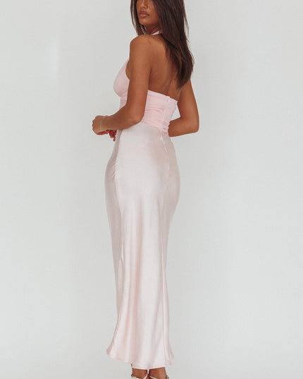 Pink Halterneck Rosette Bust Maxi Dress