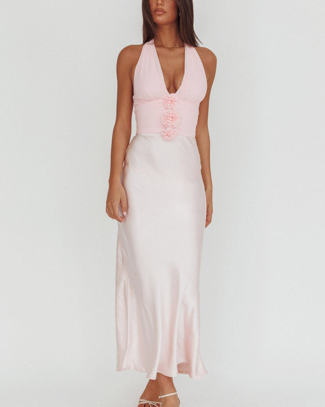Pink Halterneck Rosette Bust Maxi Dress
