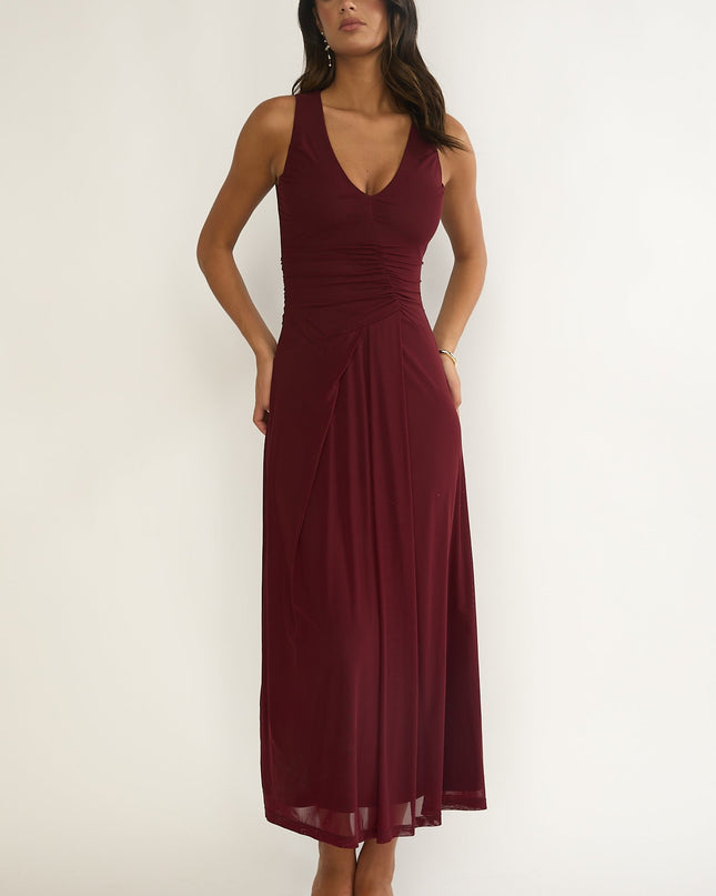Burgundy Ruched Bodice Midi Dress