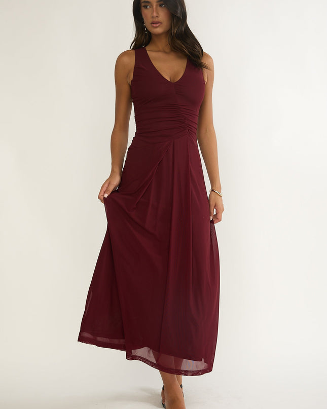 Burgundy Ruched Bodice Midi Dress
