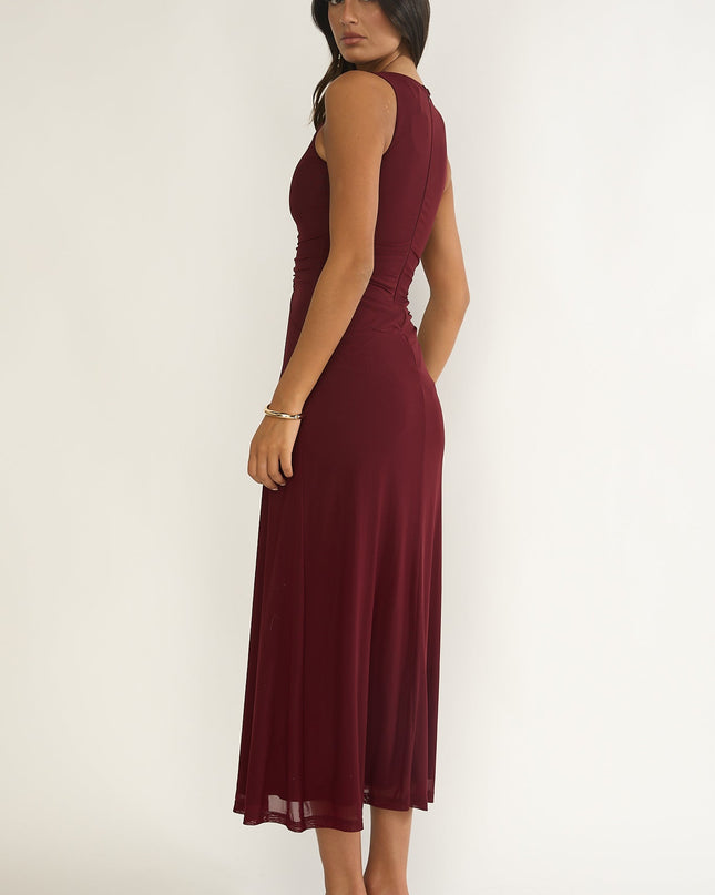 Burgundy Ruched Bodice Midi Dress