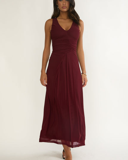Burgundy Ruched Bodice Midi Dress