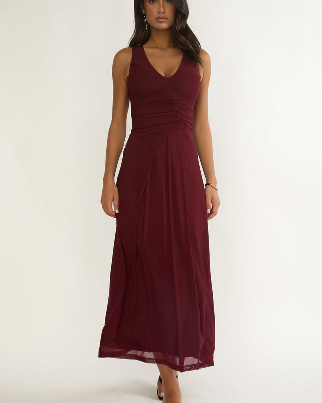 Burgundy Ruched Bodice Midi Dress