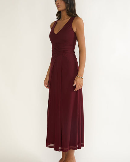 Burgundy Ruched Bodice Midi Dress