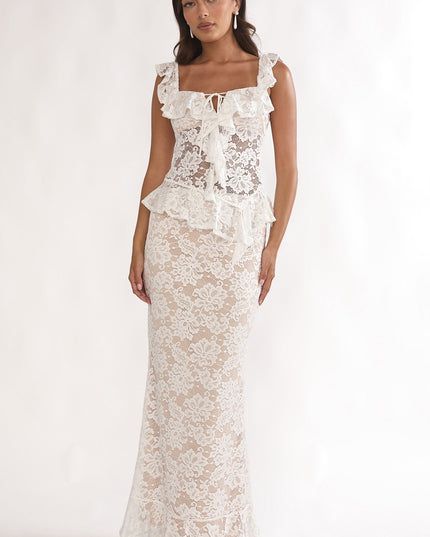 White Ruffle Hem Lace Maxi Skirt