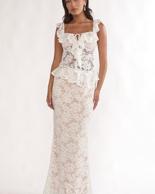 White Ruffle Hem Lace Maxi Skirt