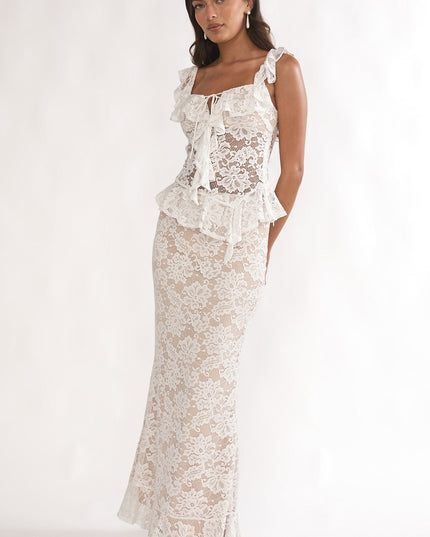White Ruffle Hem Lace Maxi Skirt