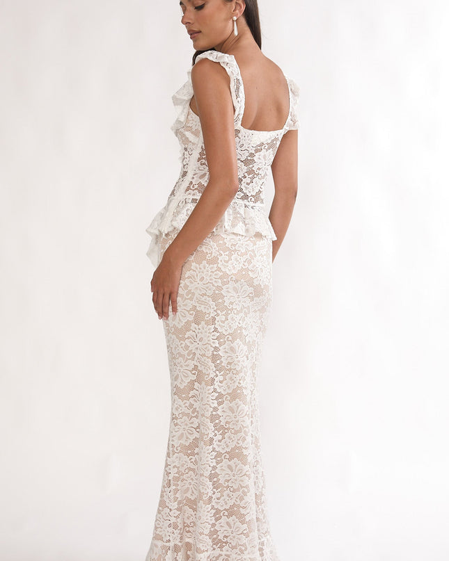 White Ruffle Hem Lace Maxi Skirt