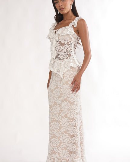 White Ruffle Hem Lace Maxi Skirt