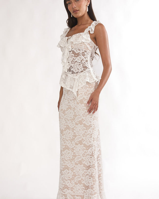 White Ruffle Hem Lace Maxi Skirt