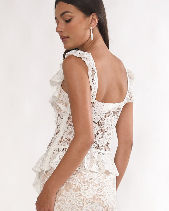 White Ruffle Trim Lace Top