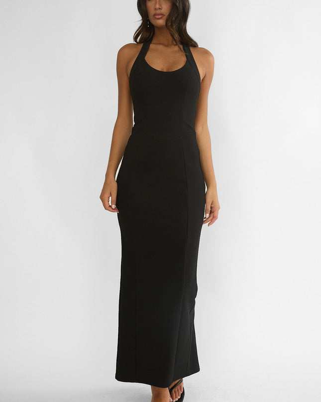 Black Scoop Neck Halter Maxi Dress