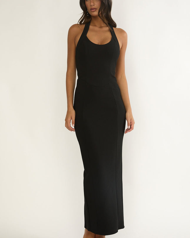 Black Scoop Neck Halter Maxi Dress