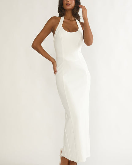 White Scoop Neck Halter Maxi Dress
