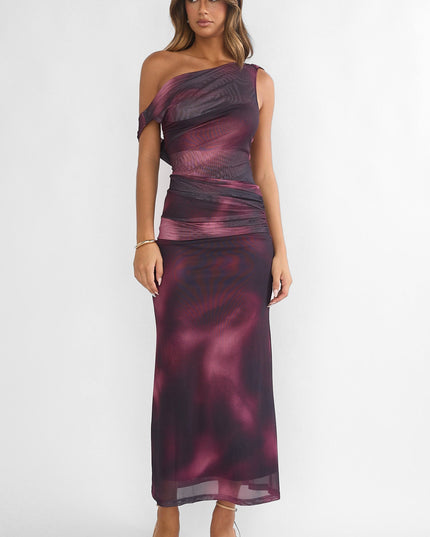 Wine Shoulder Sash Ruched Maxi Dress Print