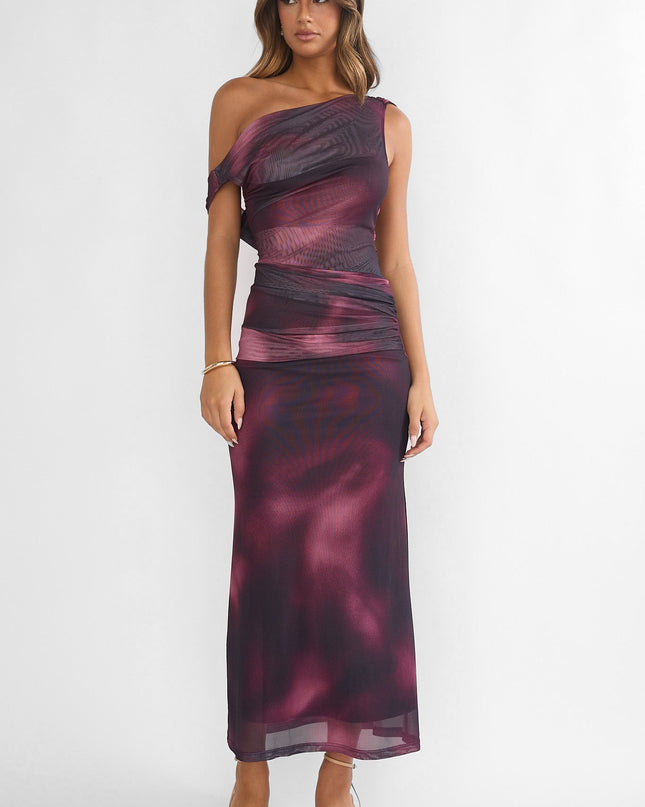 Wine Shoulder Sash Ruched Maxi Dress Print