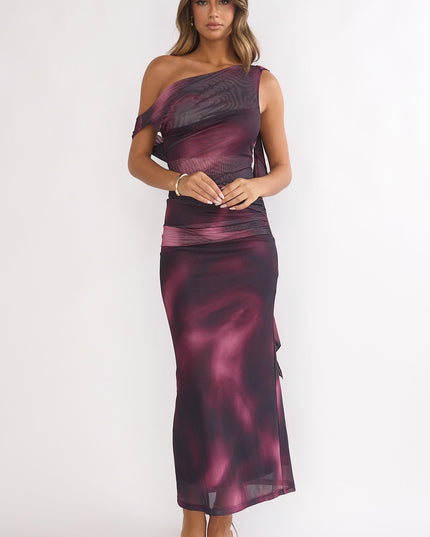 Wine Shoulder Sash Ruched Maxi Dress Print