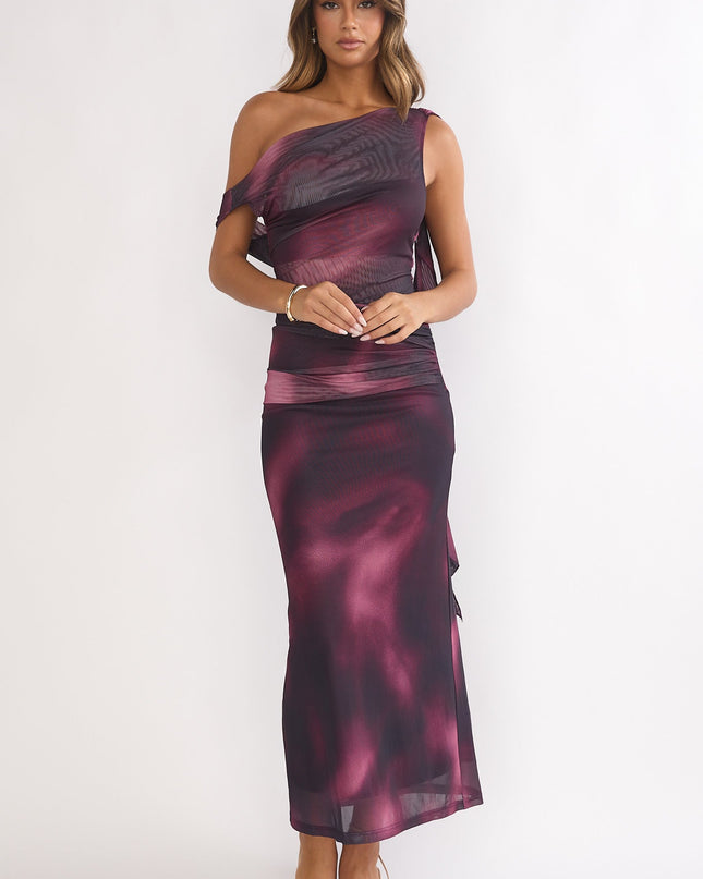 Wine Shoulder Sash Ruched Maxi Dress Print