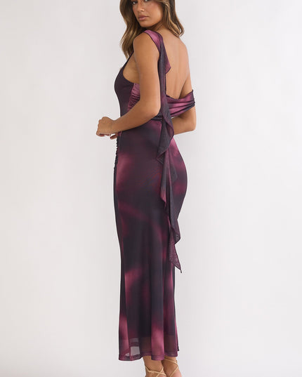 Wine Shoulder Sash Ruched Maxi Dress Print