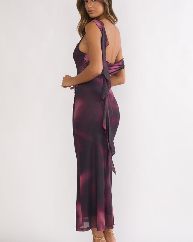 Wine Shoulder Sash Ruched Maxi Dress Print