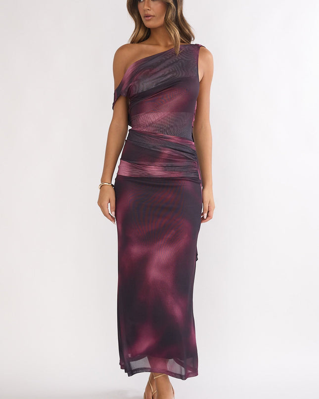 Wine Shoulder Sash Ruched Maxi Dress Print