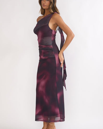 Wine Shoulder Sash Ruched Maxi Dress Print