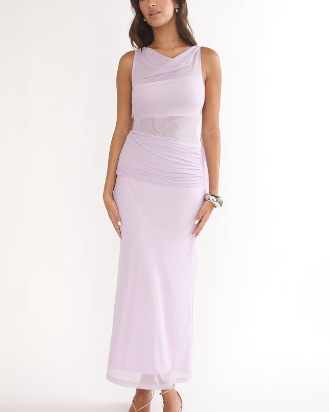 Lilac Shoulder Sash Ruched Maxi Dress