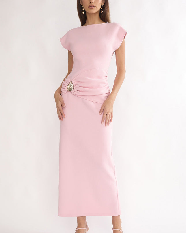 Pink Short Sleeve Buckle Maxi Dress