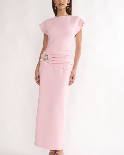 Pink Short Sleeve Buckle Maxi Dress