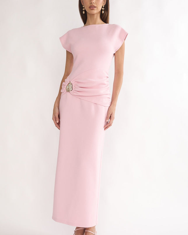 Pink Short Sleeve Buckle Maxi Dress