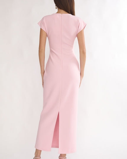 Pink Short Sleeve Buckle Maxi Dress
