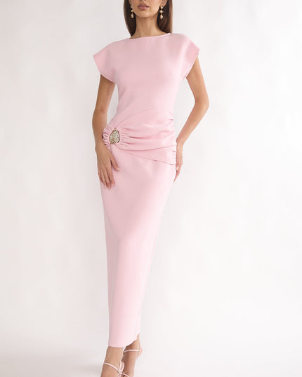 Pink Short Sleeve Buckle Maxi Dress