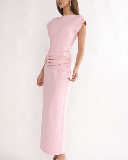 Pink Short Sleeve Buckle Maxi Dress