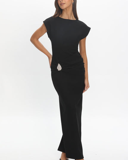 Black Short Sleeve Buckle Maxi Dress Textured
