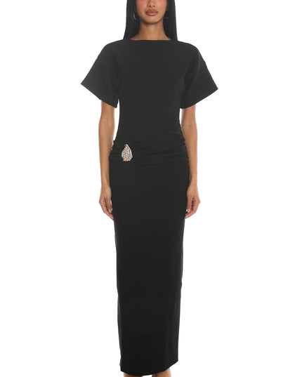 Black Short Sleeve Buckle Maxi Dress