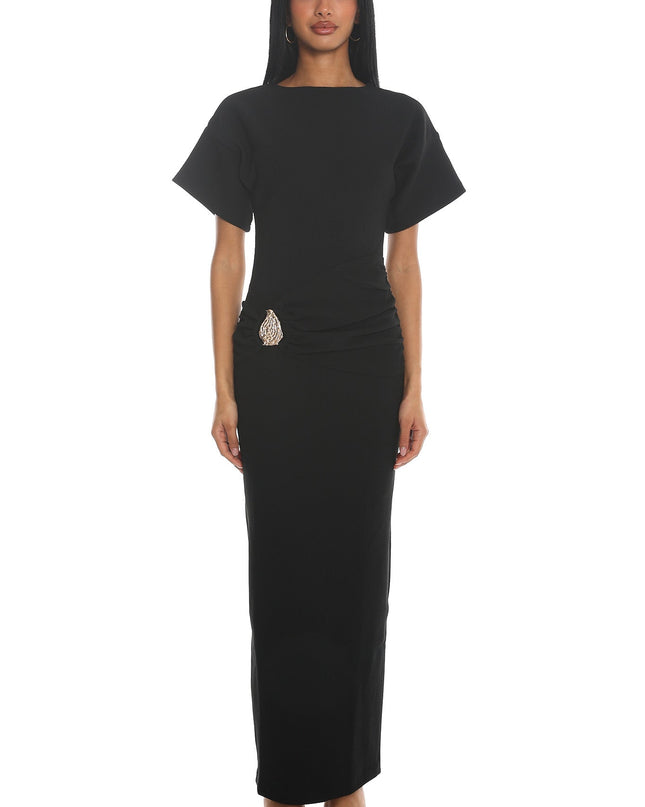 Black Short Sleeve Buckle Maxi Dress