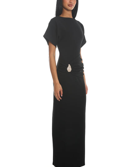 Black Short Sleeve Buckle Maxi Dress