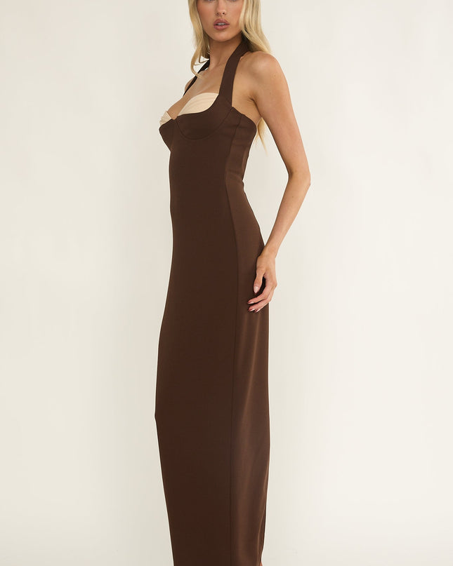 Chocolate Halter Bustier Maxi Dress