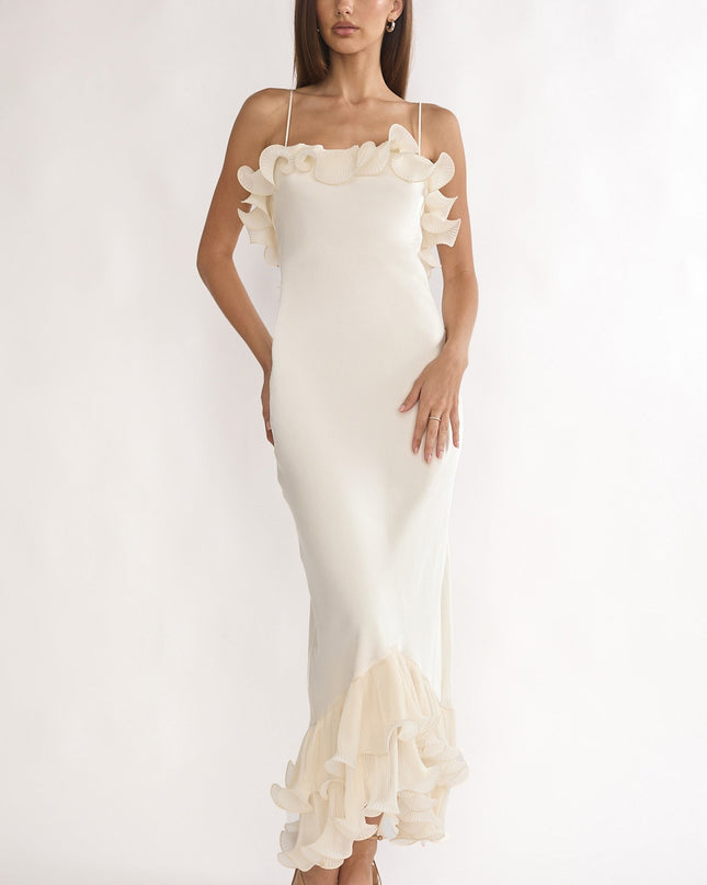 Oyster Low Back Ruffle Trim Maxi Dress