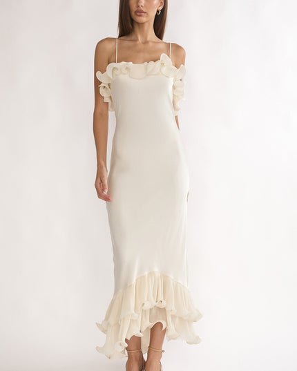 Oyster Low Back Ruffle Trim Maxi Dress