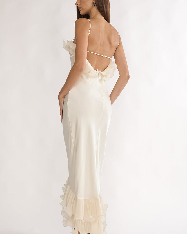 Oyster Low Back Ruffle Trim Maxi Dress