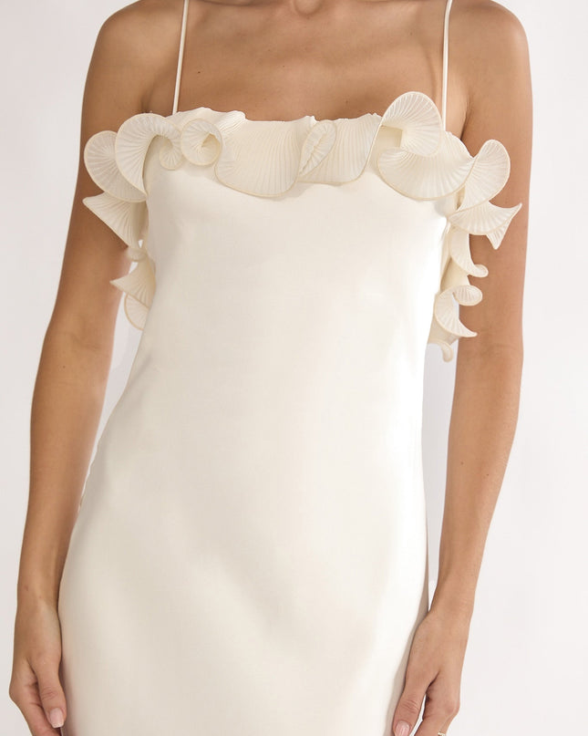 Oyster Low Back Ruffle Trim Maxi Dress