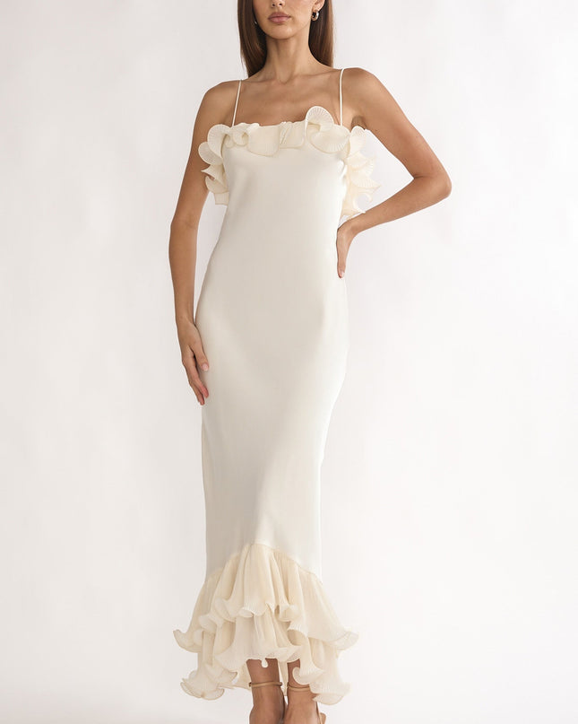 Oyster Low Back Ruffle Trim Maxi Dress