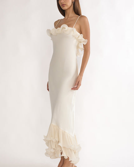Oyster Low Back Ruffle Trim Maxi Dress