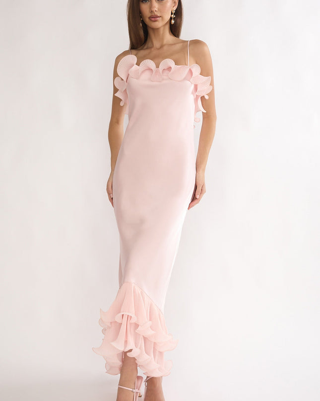 Pink Low Back Ruffle Trim Maxi Dress