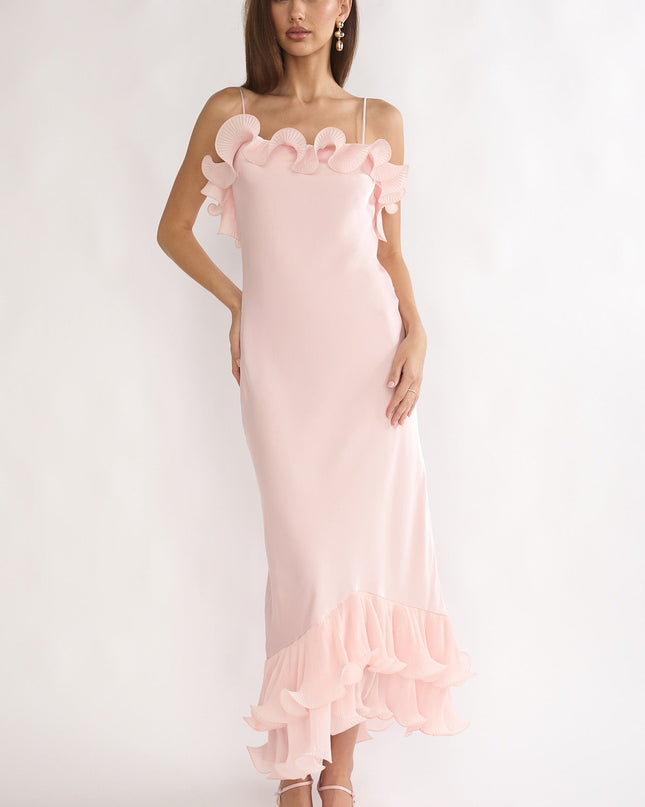 Pink Low Back Ruffle Trim Maxi Dress