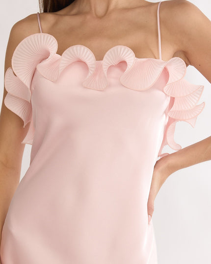 Pink Low Back Ruffle Trim Maxi Dress