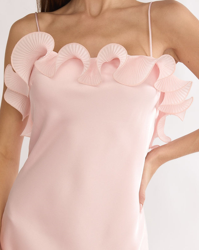 Pink Low Back Ruffle Trim Maxi Dress