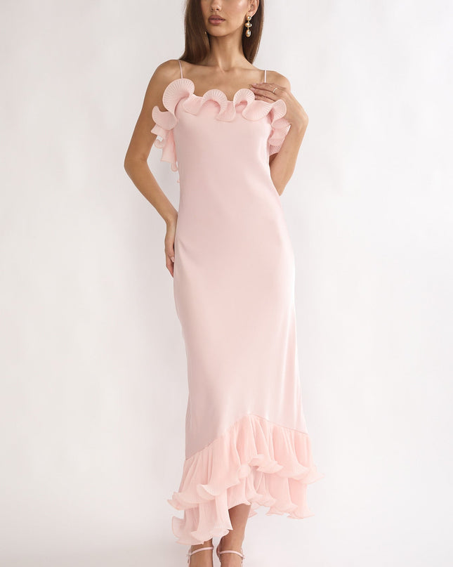 Pink Low Back Ruffle Trim Maxi Dress